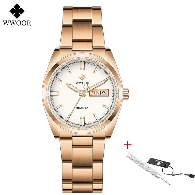 WWOOR New Fashion Pink Dial Ladies Quartz Wristwatches Luxury Watch For Women Waterproof Casual Dress Female Clock Montre Femme