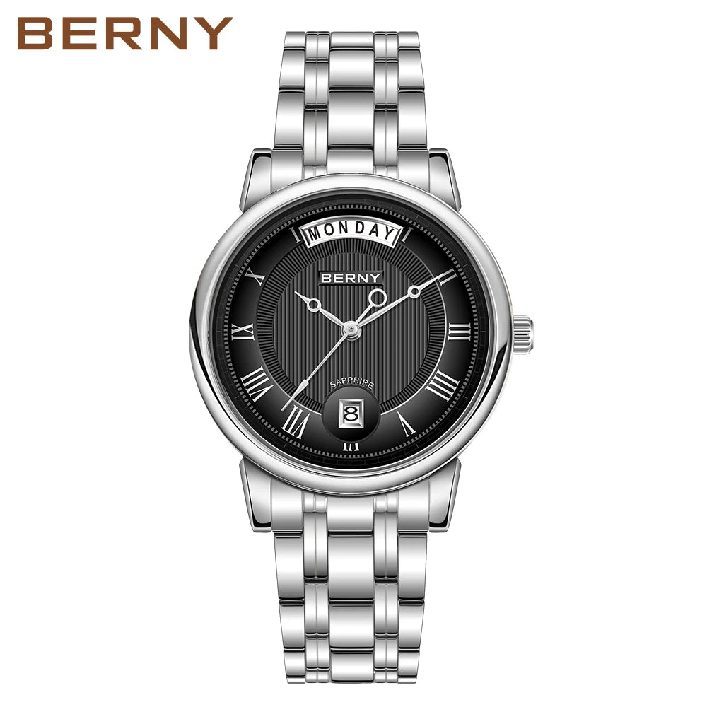 BERNY Women Watch Ladies Quartz Roman Numerals Day Date Calendar Watches Sapphire Glass Solid Steel Strap Women Wristwatch