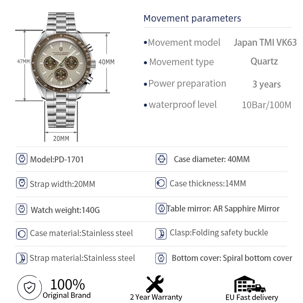 PAGANI DESIGN 2025 New Saturn Men's Watches Top Luxury Quartz Watch Men Light Tan Chronograph AR Sapphire crystal Wristwatch Men