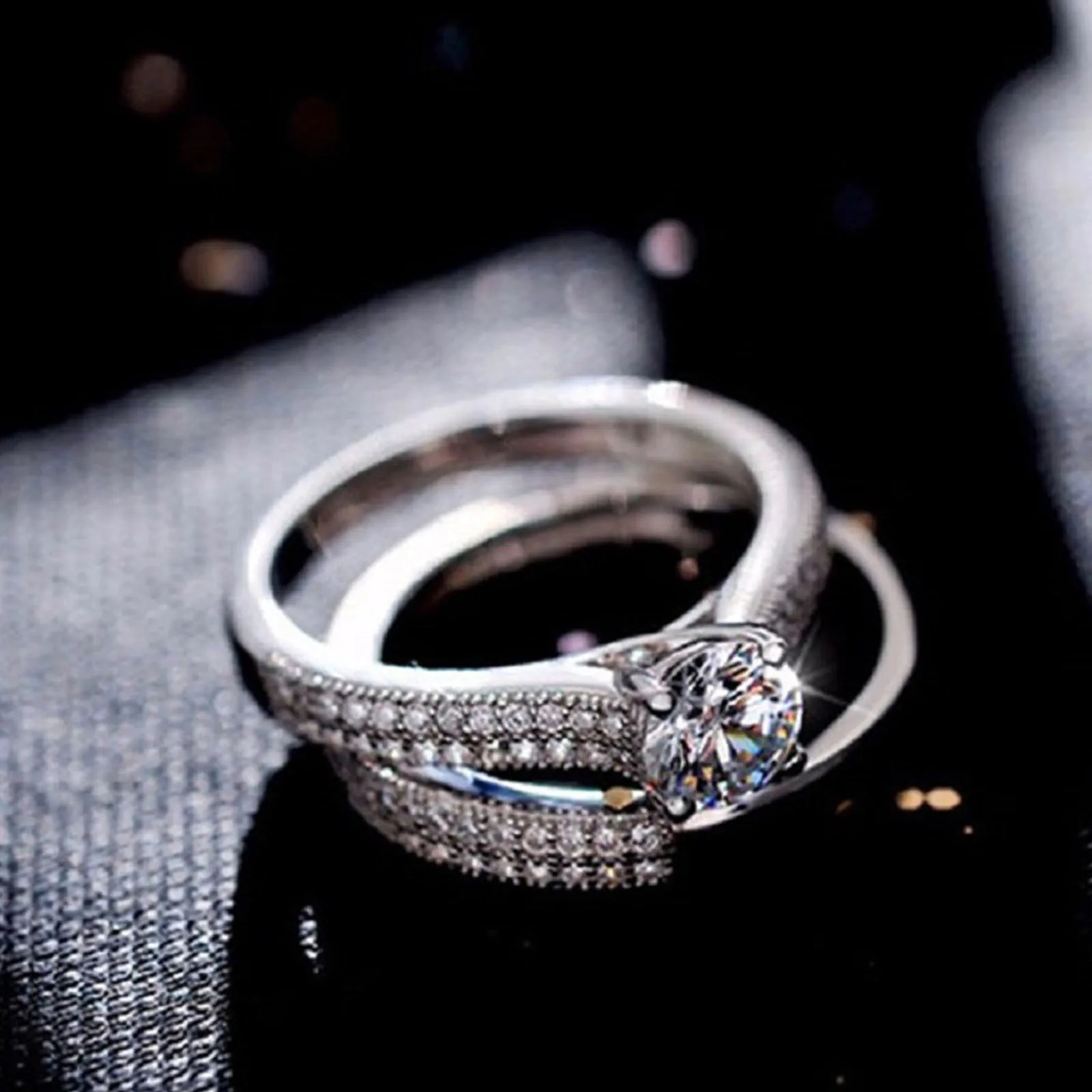 1 pair Vintage Halo 925 Sterling Silver Wedding Ring Set For Women Lady Anniversary Gift Jewelry Bulk Sell