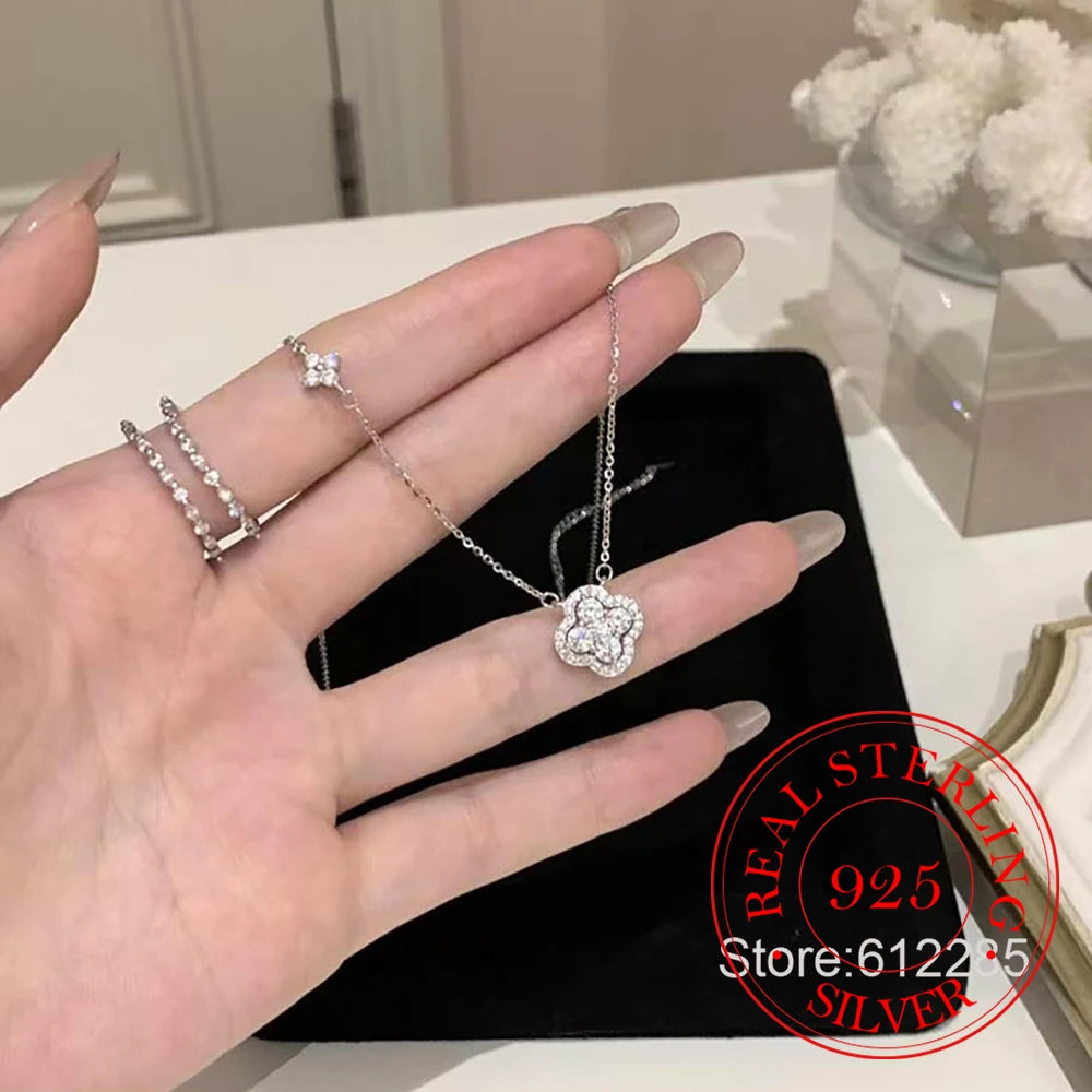 925 Sterling Silver Crystal 4-leaf Clover Clavicle Chain Necklace Pendant For Women Wedding Jewelry Gift Collar New in Necklace