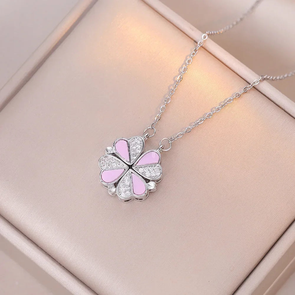 Sparkling Heart-shaped Four Leaf Clover Zircon Pendant Necklace Deformed 4-in-1 Love Titanium Steel Necklace Jewelry Wholesale