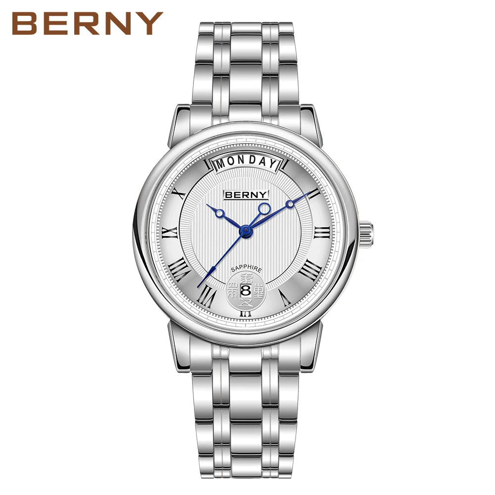 BERNY Women Watch Ladies Quartz Roman Numerals Day Date Calendar Watches Sapphire Glass Solid Steel Strap Women Wristwatch