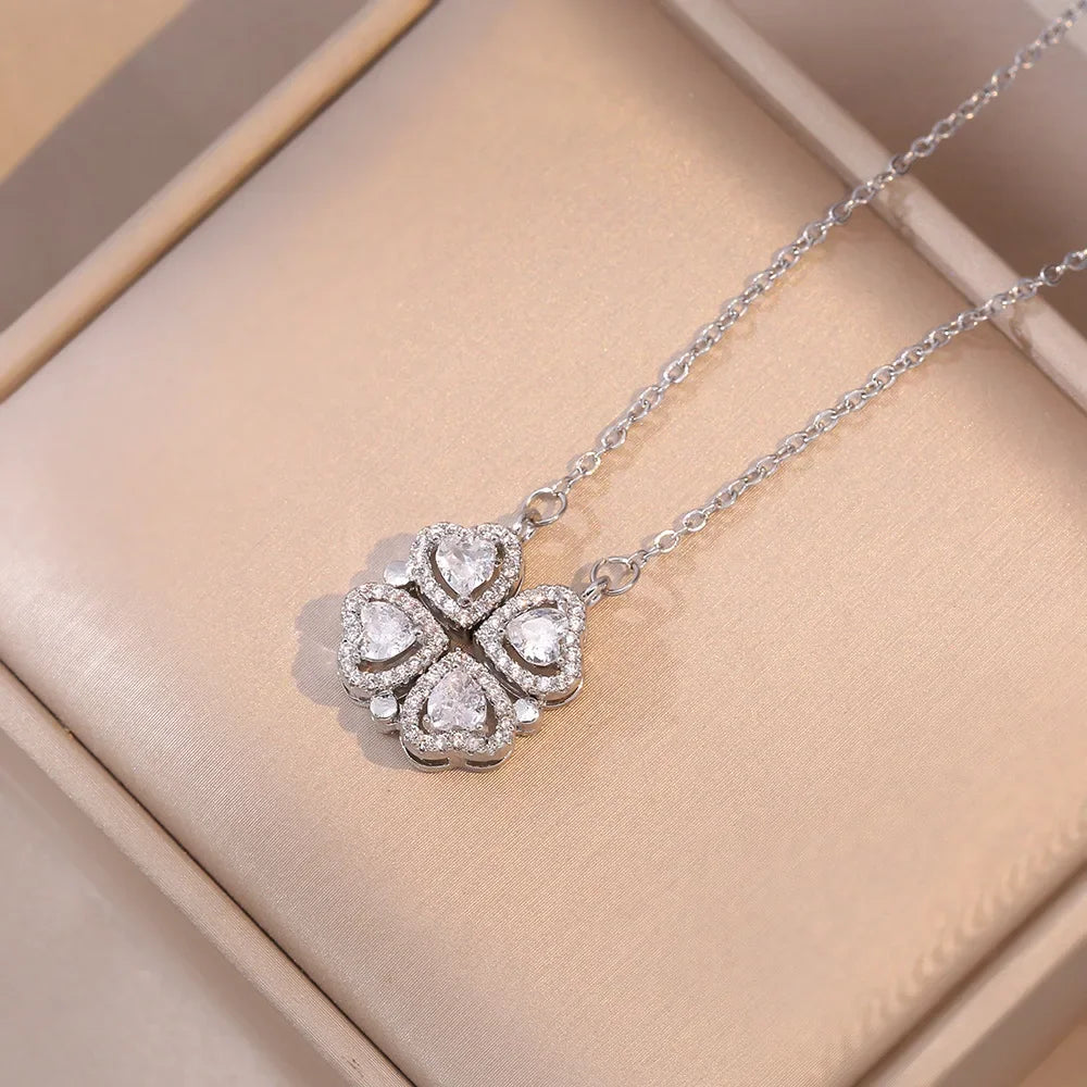 Sparkling Heart-shaped Four Leaf Clover Zircon Pendant Necklace Deformed 4-in-1 Love Titanium Steel Necklace Jewelry Wholesale