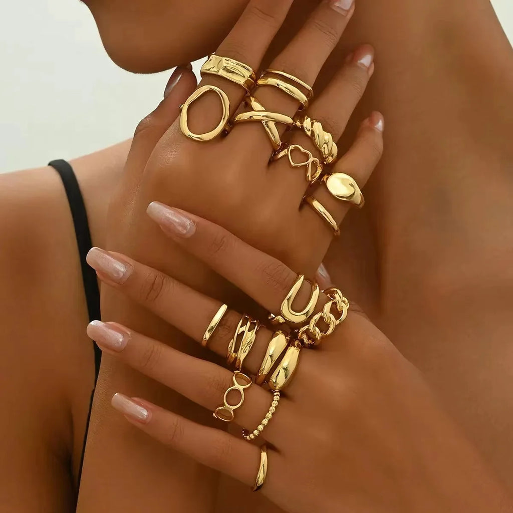 10PC Bohemian-Style Retro Simple Rrregular Gold Fashion Twisted Spiral Mixed Style Ring Set, Suitable As a Jewelry Gift for Ladi