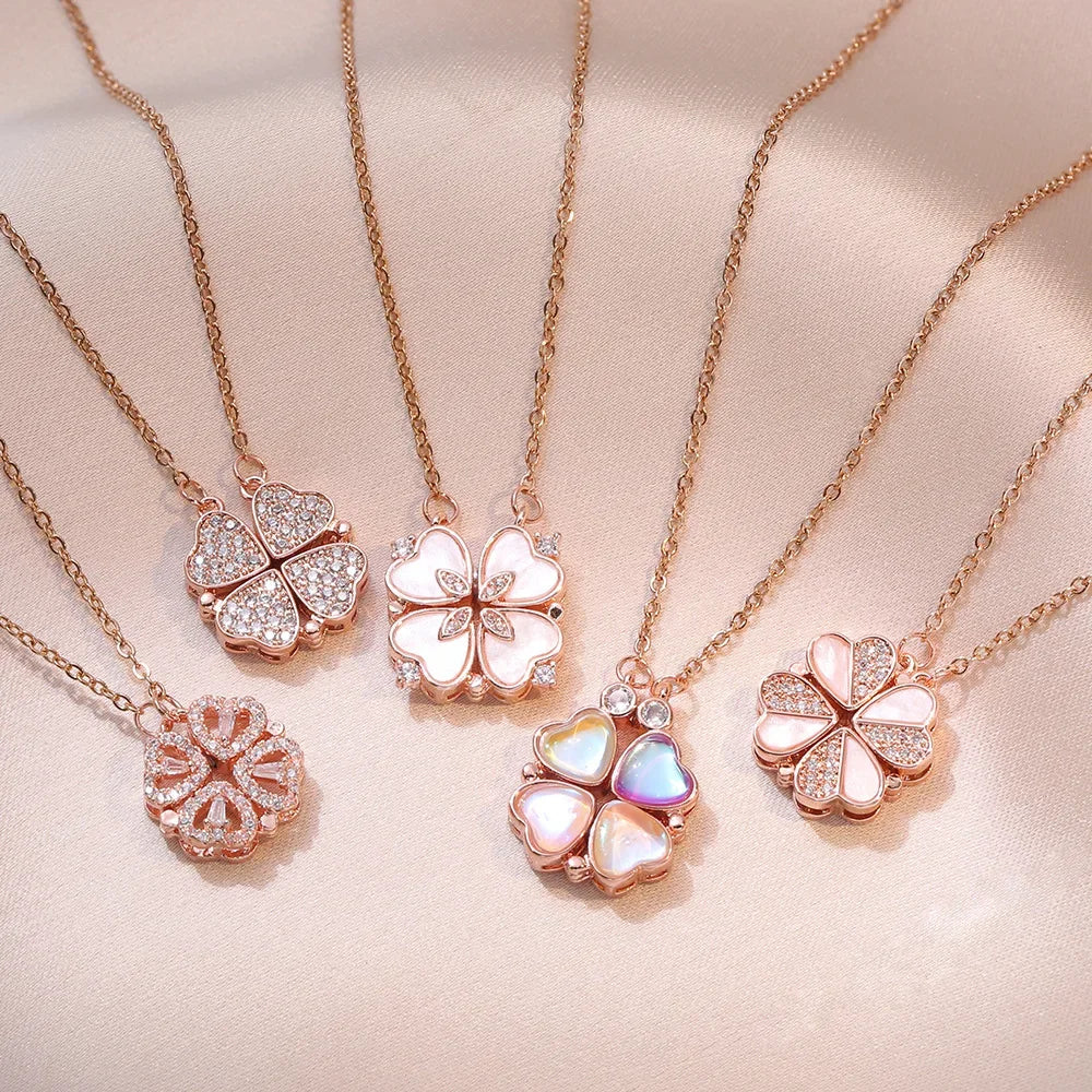 Sparkling Heart-shaped Four Leaf Clover Zircon Pendant Necklace Deformed 4-in-1 Love Titanium Steel Necklace Jewelry Wholesale