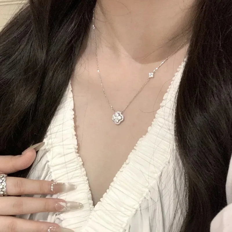 925 Sterling Silver Crystal 4-leaf Clover Clavicle Chain Necklace Pendant For Women Wedding Jewelry Gift Collar New in Necklace