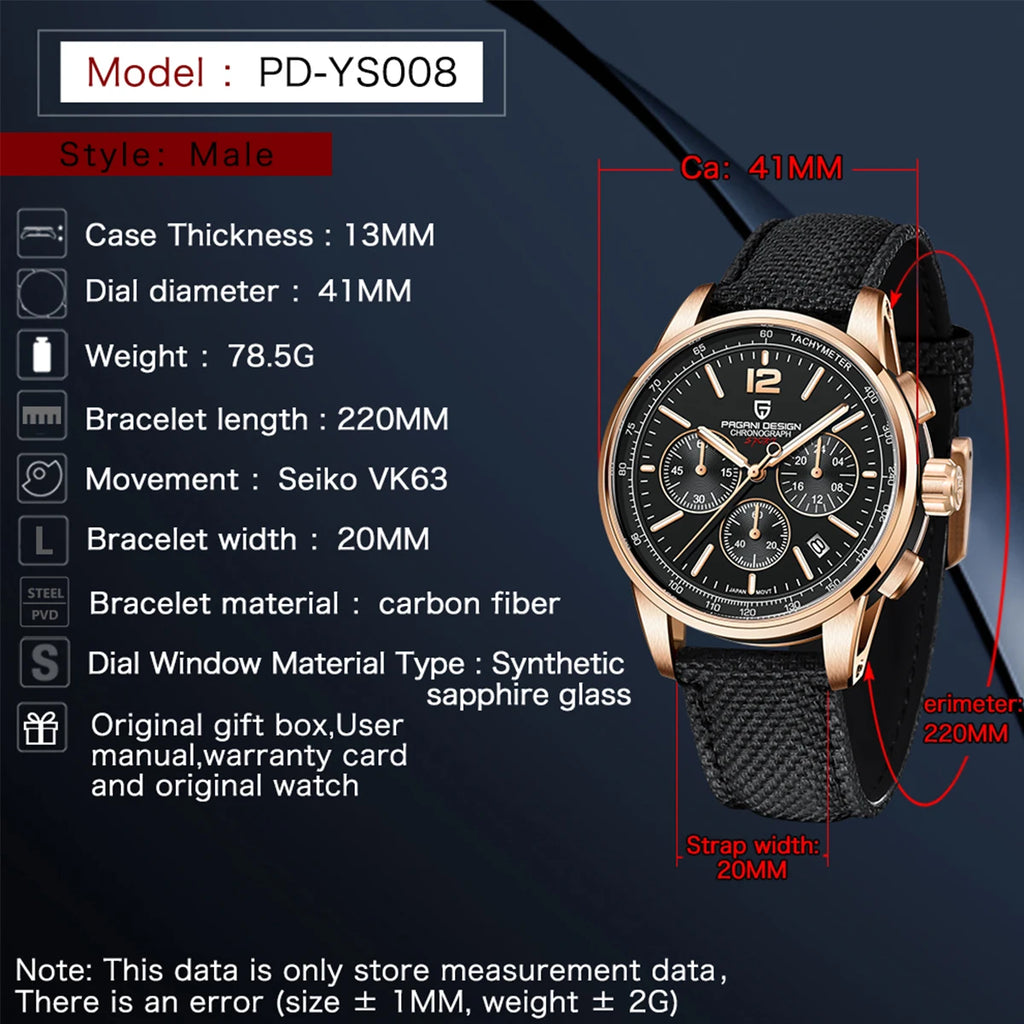 PAGANI DESIGN 2024 New Fashionable Luxury Casual Men's Quartz Watch VK63 100M Waterproof Sapphire Glass Stainless Steel Watch