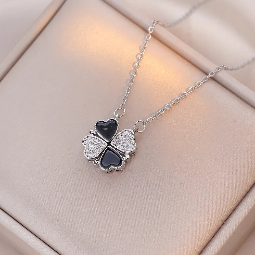 Sparkling Heart-shaped Four Leaf Clover Zircon Pendant Necklace Deformed 4-in-1 Love Titanium Steel Necklace Jewelry Wholesale